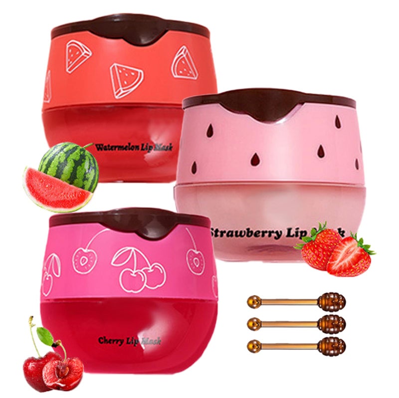 Aaiffey Lip Balm Honey PotWatermelon Apple Lime Cherry Lip Sleeping Mask Moisturizing Lip Mask Overnight Hydrating Prevention Dry and Cracked Lip Scrubs Exfoliator Lip Wrinkle Care 3 pcs